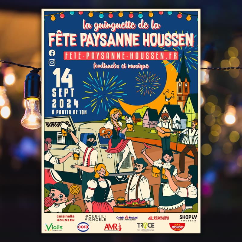 Affiche Guinguette Fête Paysanne Houssen 2024 Foodtruck Festival Groupe Musiques Lia Hopla Guys Dj Raph